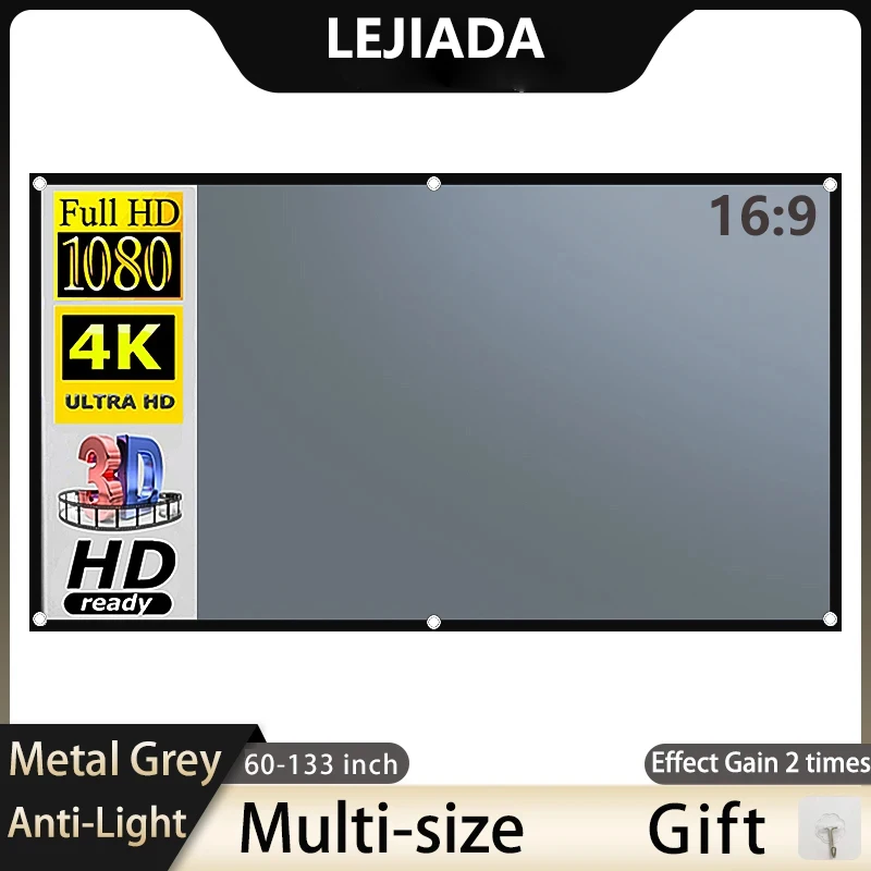 Home Cinema Blanc - LEJIADA Projektor-Leinwand, 60–133 cm, Metallgrau, Anti-Licht,